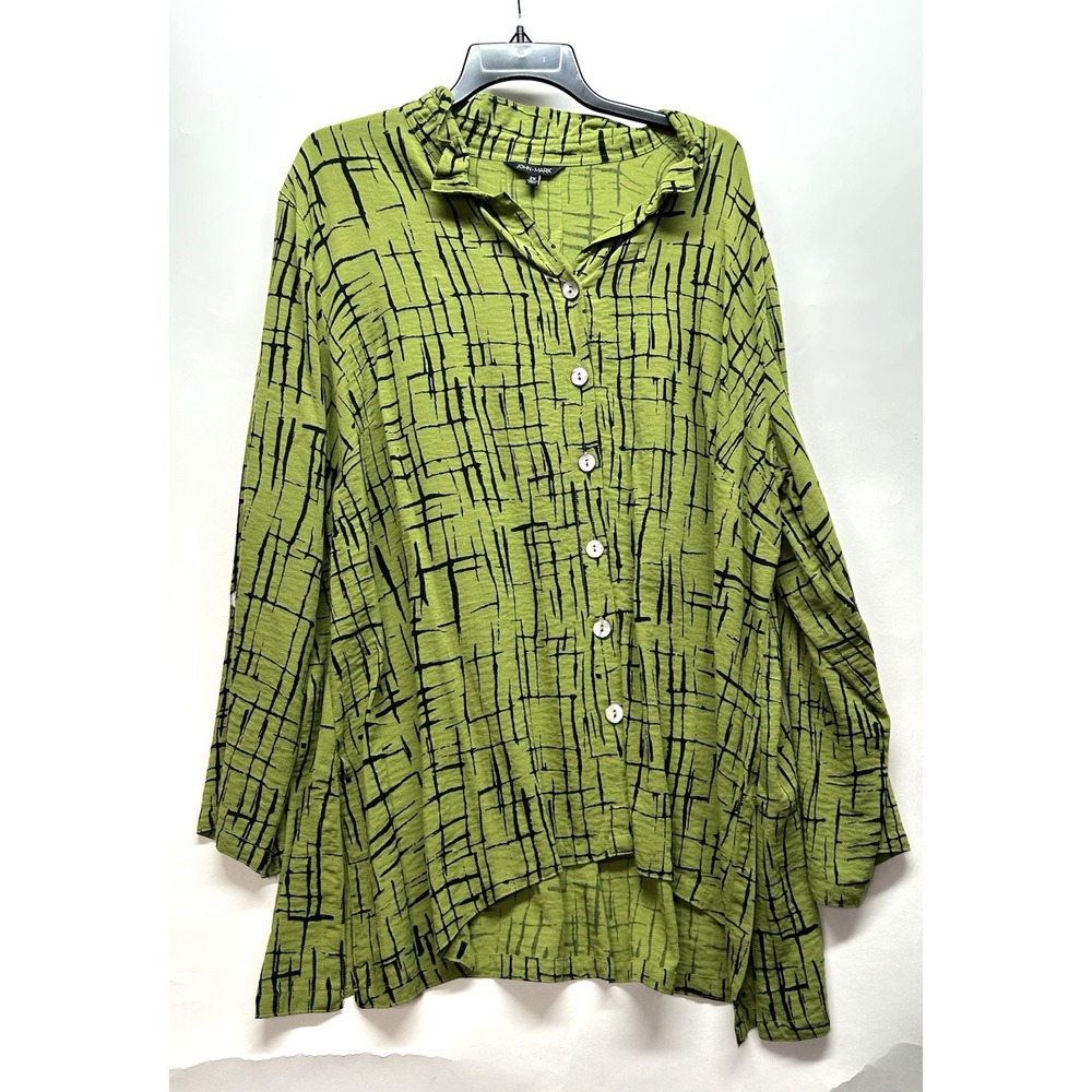 John Mark Women's 2X Button Up Rayon/Nylon Green Blouse Top (R2)